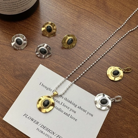 Vintage 925 Sterlingsilber Naturstein Anhänger Halskette Für Damen Unregelmäßige Faltenstruktur Gold Silber Seitenanhänger Schmuck