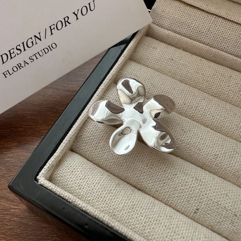 Anillo Abierto de Flor Grande de Plata de Ley 925 para Mujer Diseño de Nicho Minimalista Pulido Brillante Floral Ajustable
