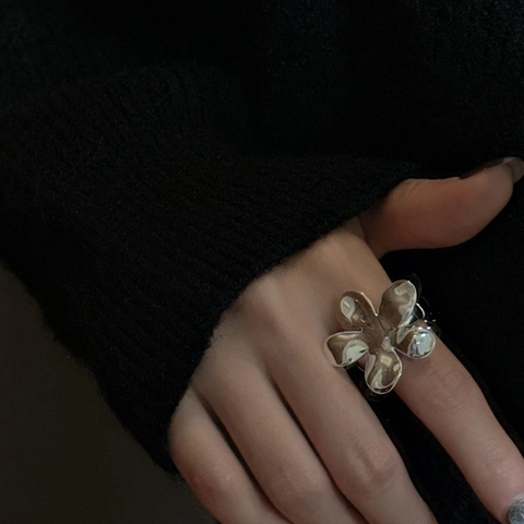 Anillo Abierto de Flor Grande de Plata de Ley 925 para Mujer Diseño de Nicho Minimalista Pulido Brillante Floral Ajustable