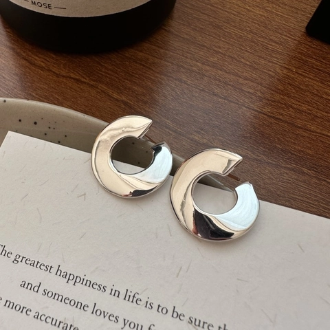 Orecchini a Bottone a Forma di C in Argento Sterling 925 per Donna Minimalista Lucido Geometrico Stile Coreano Gioielli alla Moda