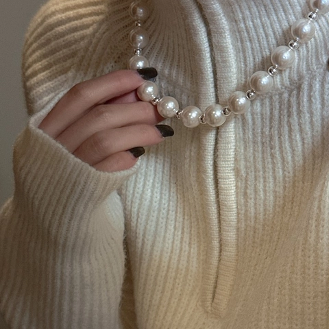 Collana di Perle Artificiali in Argento Sterling 925 per Donna Stile Minimalista Coreano Ins Catena a Clavicola con Grandi Perle Tonde
