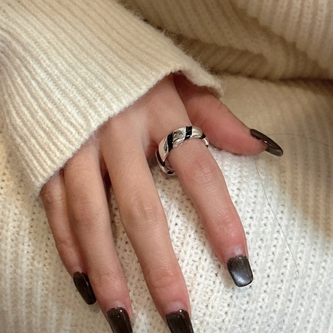 Anello Aperto in Argento Sterling 925 Con Smalto a Righe Zebra per Donna Stile Coreano Minimalista Anello Regolabile