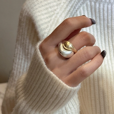 925 Sterling Silver Irregular Wave Ring Gold Silver Contrast Adjustable Opening Ring For Women Minimalist Fashion Jewelry