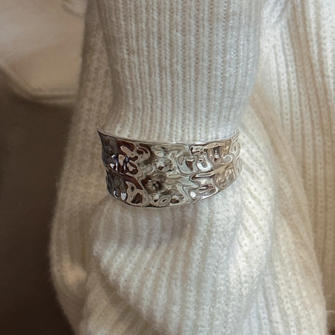 Luxus 925 Sterlingsilber Breit Gehämmert Offener Armreif Für Damen Minimalistisch Wasserwelle Textur Statement Schmuck