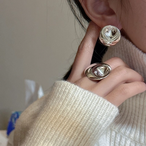 Anillo de Ondulación de Metal Líquido de Plata de Ley 925 Geométrico Irregular Pulido Espejo Anillo Ajustable Joyería de Moda Coreana para Mujer