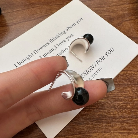 Orecchini a Cerchio in Argento Sterling 925 Con Onice Nero per Donna Minimalisti Opachi a Forma di C Gioielli alla Moda