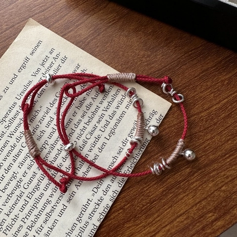 Pulsera de Cordón Trenzado Rojo de Plata de Ley 925 para Mujer Moda Minimalista Colgante de Campana Geométrica Joyería Tejida a Mano Ajustable