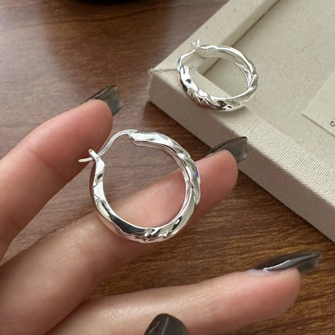 Pendientes de Aro de Plata de Ley 925 para Mujer Diseño Minimalista de Ondas Texturizadas Estilo Geométrico Ins Joyería Moda