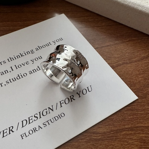 Anillo de Banda Ancha de Plata de Ley 925 para Mujer Estilo Coreano Textura Martillada Anillo Abierto Ajustable Joyería Minimalista
