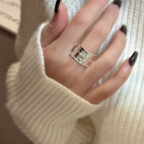 Anillo de Banda Ancha de Plata de Ley 925 para Mujer Estilo Coreano Textura Martillada Anillo Abierto Ajustable Joyería Minimalista