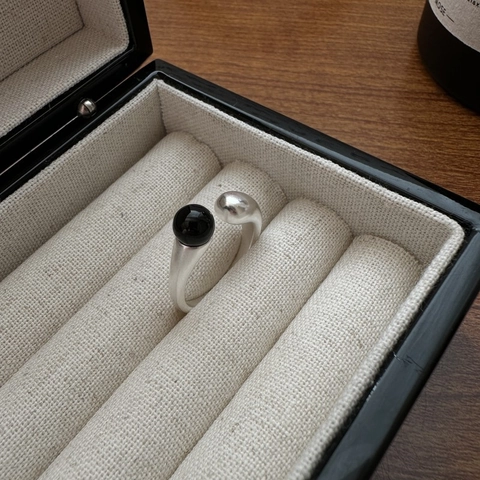 S925 Sterling Silver Korean Minimalist Matte Open Ring Black Agate Bead Irregular Adjustable Finger Ring Fashion Jewelry