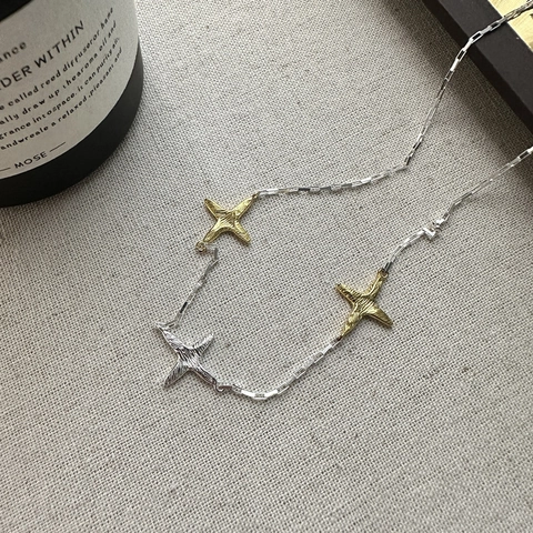 925 Sterling Silver Star Cross Pendant Necklace Korean Style Texture Gold Silver Color Contrast Minimalist Jewelry For Women