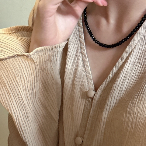 Minimalist 925 Sterling Silver Black Agate Beaded Necklace For Women Round Black Beads Clavicle Chain Polished Jewelry Gift