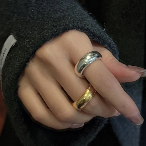 Bague Bombée Minimaliste en Argent Sterling 925 pour Femmes S925 Argent Plaqué Or Anneau Large Empilable Bijoux
