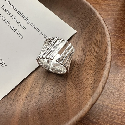 925 Sterling Silver Vintage Pleated Texture Wide Band Open Adjustable Ring For Women Korean Fashion Minimalist Jewelry Finger Ring