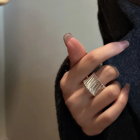 925 Sterling Silver Vintage Pleated Texture Wide Band Open Adjustable Ring For Women Korean Fashion Minimalist Jewelry Finger Ring
