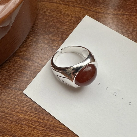 Anello in Argento Sterling S925 Agata Rossa per Donna Stile Coreano Vintage Design di Nicchia Anello Aperto Regolabile Gioielli di Moda