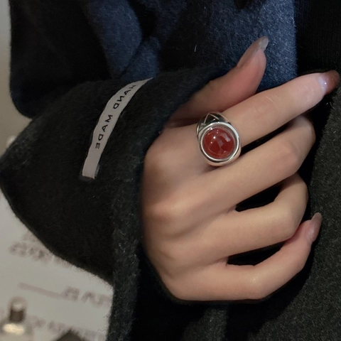 Anello in Argento Sterling S925 Agata Rossa per Donna Stile Coreano Vintage Design di Nicchia Anello Aperto Regolabile Gioielli di Moda
