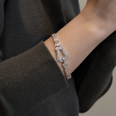 Bracciale a Fibbia a Ferro di Cavallo in Argento Sterling 925 per Donna Bracciale Rigido a Catena a Maglia Testurizzata Gioielli Coreani