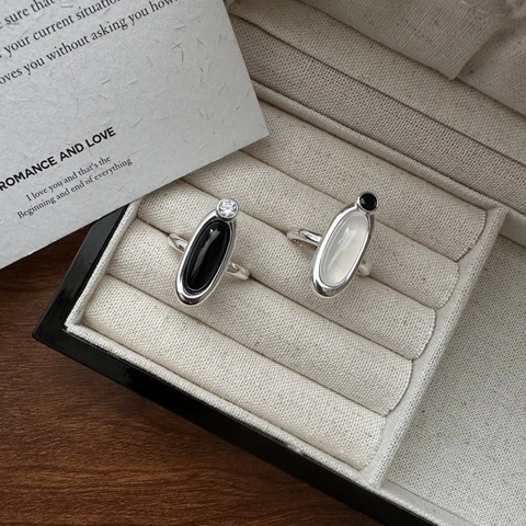 S925 Sterling Silver Oval Agate Chalcedony Open Ring Minimalism Niche Design Vintage Geometric Adjustable Finger Ring Jewelry For Women