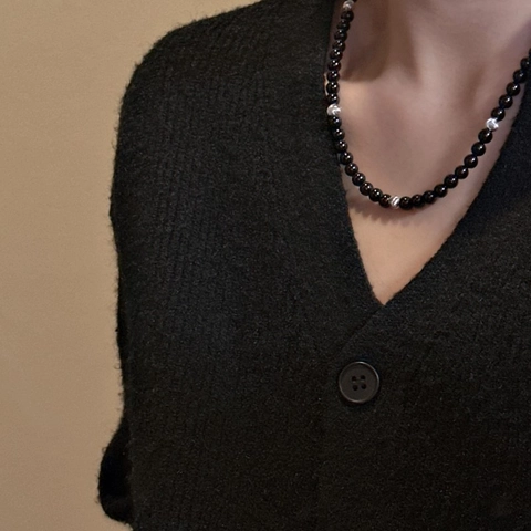 Collier Perlé en Agate Noire en Argent Sterling S925 Design Minimaliste Mode Coréenne Chaîne de Clavicule Bijoux Femme Cadeau