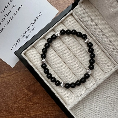 Pulsera de Cuentas de Ágata Negra de Plata de Ley S925 para Mujer Estilo Coreano Simple Viaje Joyería de Moda Cordón Elástico