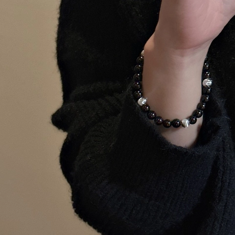 Pulsera de Cuentas de Ágata Negra de Plata de Ley S925 para Mujer Estilo Coreano Simple Viaje Joyería de Moda Cordón Elástico