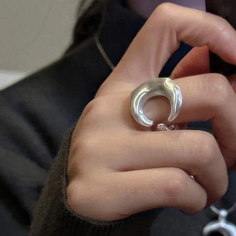925 Sterling Silver Korean Minimalist Adjustable Open Ring For Women Matte Texture Irregular Moon Geometric Finger Ring Jewelry