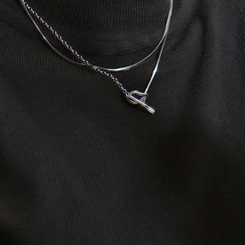 Collana Lunga in Argento Sterling 925 per Donna Fibbia OT Minimalista Catena a Lisca di Pesce Asimmetrica Gioielli Geometrici