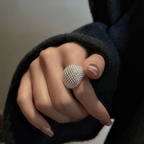 925 Sterling Silver Open Ring For Women Unique Round Bead Textured Dome Ring Adjustable Korean Style Fashion Jewelry