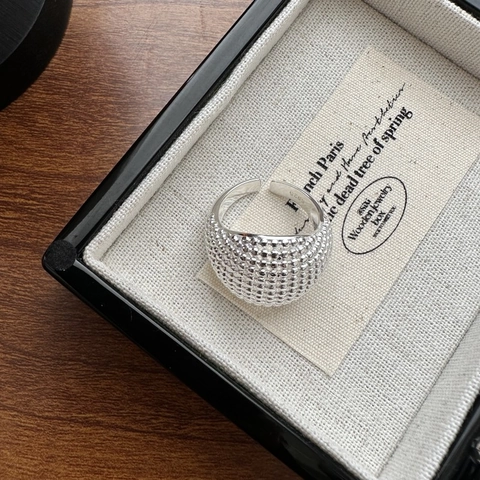 925 Sterling Silver Open Ring For Women Unique Round Bead Textured Dome Ring Adjustable Korean Style Fashion Jewelry