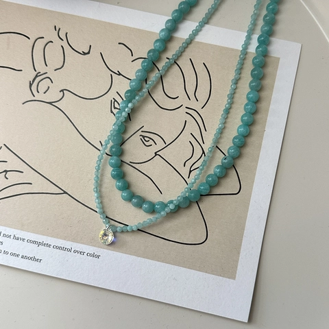 925 Sterling Silver Korean Style Mint Green Beaded Layered Choker Fashion Mint Mambo Rhinestone Pendant Necklace Women Jewelry