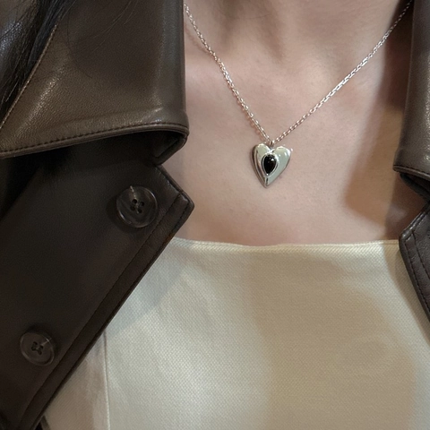 S925 Sterlingsilber Herz Schwarzer Achat Anhänger Halskette Für Damen Minimalistisch Vintage Träne Schwarzer Edelstein Kette