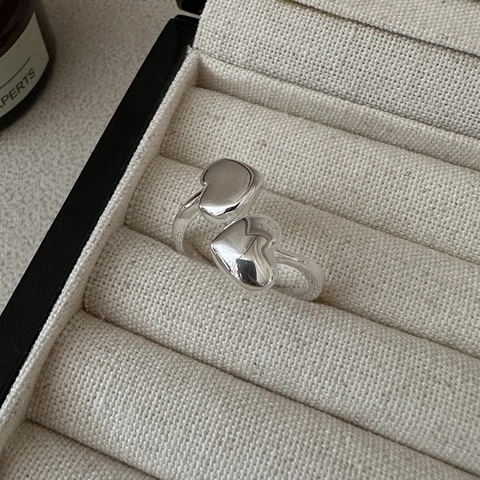 S925 Sterling Zilver Dubbel Hart Open Ring Voor Vrouwen Minimalistisch Koreaanse Stijl Verstelbare Vingerring Sieraden Cadeau