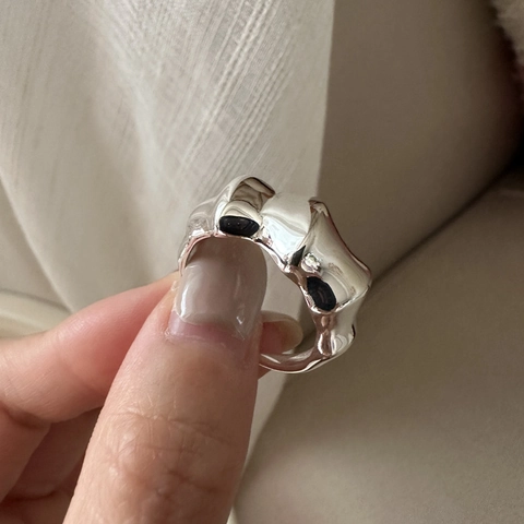 925 Sterling Silver Irregular Lava Open Ring For Women Minimalist Vintage Liquid Metal Style Adjustable Finger Ring Jewelry Gift