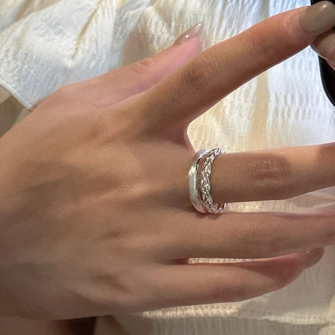 S925 Sterling Silver Double Layer Twisted Woven Ring For Women Vintage Minimalist Korean Style Adjustable Finger Ring Jewelry