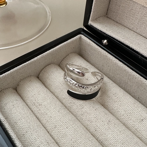 S925 Ασήμι Sterling Πολυεπίπεδο Ανοιχτό Δαχτυλίδι για Γυναίκες Μινιμαλιστικό Μαύρο Σμάλτο Drip Σφυρήλατη Υφή Ρυθμιζόμενο Δαχτυλίδι Κοσμήματα