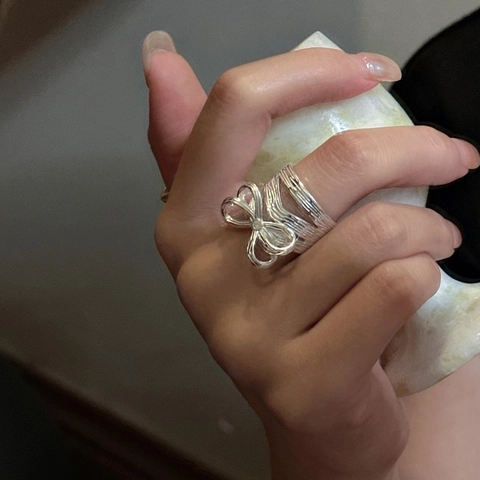 925 Sterling Silver Bow Knot Ring For Women Niche Design Textured Adjustable Open Band Ring Korean Style Heavy Duty Rhinestone Finger Jewelry