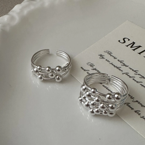 S925 Sterling Silver Multi Layer Line Beads Open Ring Minimalist Korean Design Adjustable Finger Ring For Women Jewelry