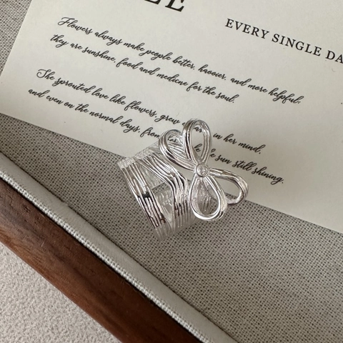 925 Sterling Silver Bow Knot Ring For Women Niche Design Textured Adjustable Open Band Ring Korean Style Heavy Duty Rhinestone Finger Jewelry