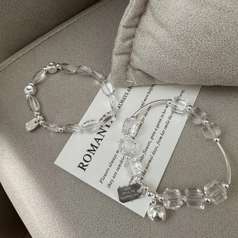 Bracciale di Perline in Argento Sterling S925 e Cristallo Artificiale per Donna Stile Coreano Minimalista con Tag Scritto Gioielli