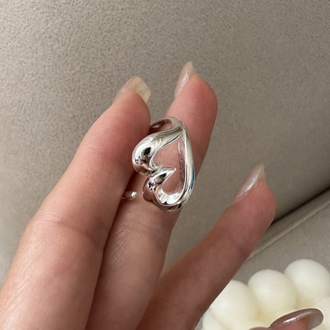 925 Sterling Silver Heart Ring For Women Minimalist Liquid Metal Fluid Design Adjustable Opening Heart Shaped Finger Ring Jewelry