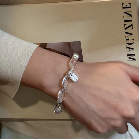 Bracciale di Perline in Argento Sterling S925 e Cristallo Artificiale per Donna Stile Coreano Minimalista con Tag Scritto Gioielli