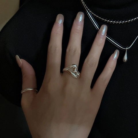 925 Sterling Silver Heart Ring For Women Minimalist Liquid Metal Fluid Design Adjustable Opening Heart Shaped Finger Ring Jewelry
