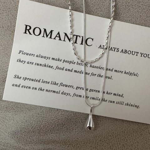 S925 Sterling Silver Minimalist Teardrop Pendant Necklace INS Style Double Layered Snake Chain Clavicle Necklace For Women Jewelry