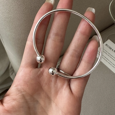 925 Sterlingsilber Offene Manschette Armband Minimalistisch Doppelperle Verstellbarer Armreif Spiegel Poliert Schmuck Für Damen