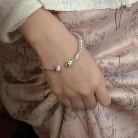 925 Sterlingsilber Offene Manschette Armband Minimalistisch Doppelperle Verstellbarer Armreif Spiegel Poliert Schmuck Für Damen