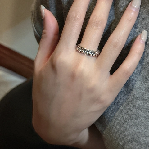 Anillo Abierto de Espiga de Trigo de Plata de Ley 925 Vintage para Mujer Ajustable Retro Oxidado Trenzado Joyería