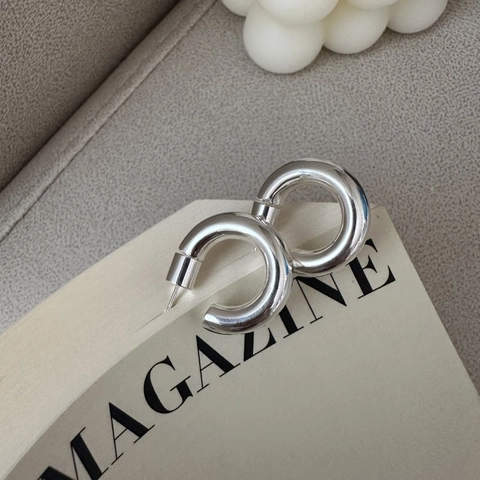 925 Sterling Silver Chunky C-Shape Hoop Earrings For Women Minimalist Polished Glossy Thick Stud Earrings Korean Fashion Jewelry