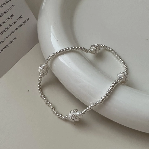 Bracciale S925 Argento Sterling Stile Coreano Perle Artificiali Donna Vintage Perline Tonde Geometrico Gioielli Elastici